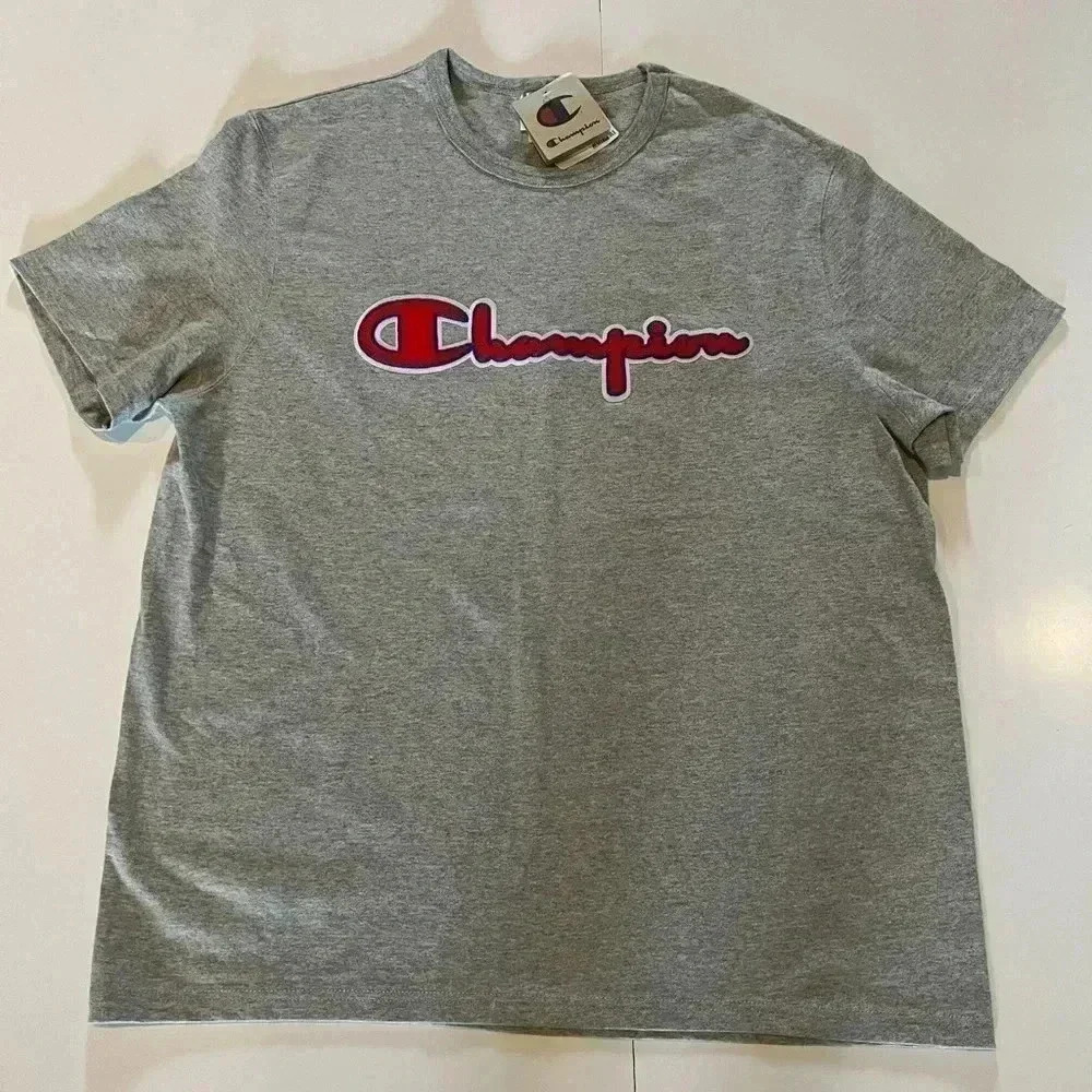 Champion Shirt Men's Gray Short Sleeve Crew Neck Cotton Textured Logo Sz XL